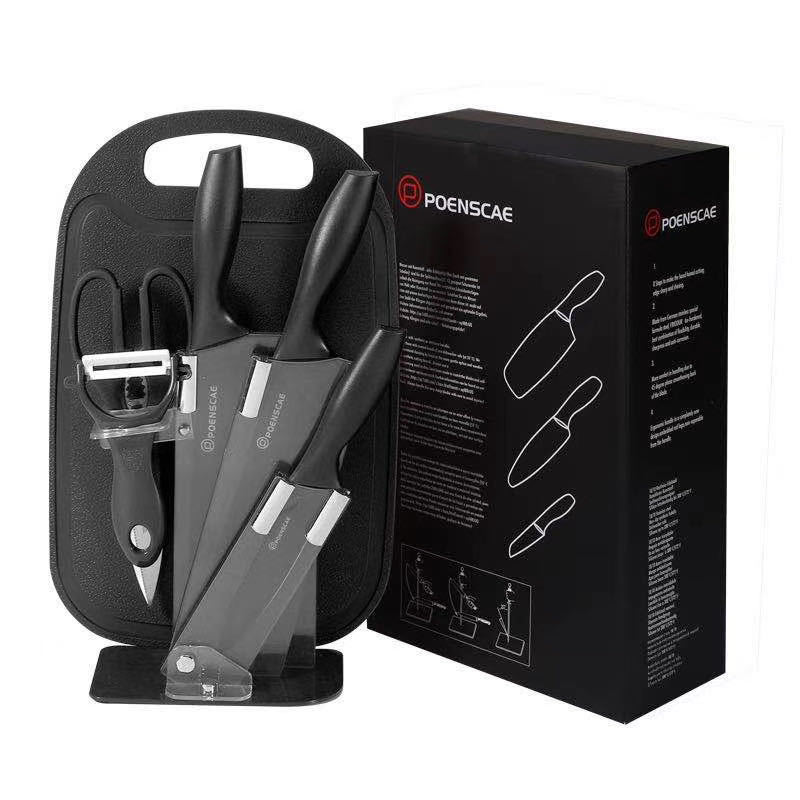 Ventas directas en stock de trigo de color Polo de acero inoxidable de siete piezas asiento de acrílico con tabla de cortar regalo traje de cuchillo