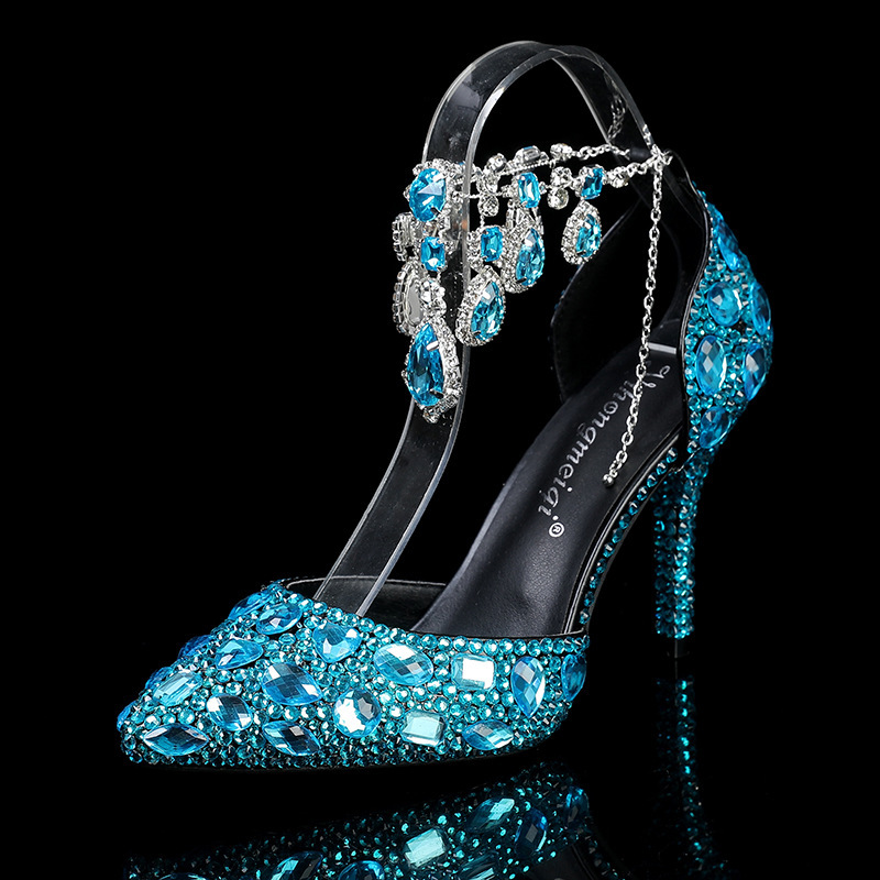2025 Spring and Autumn New Women's Shoes Pointed Toe High Heels Crystal Diamond Chain Wedding Shoes Banquet Women's Shoes Dropshipping