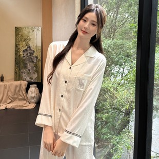 20242024 Spring and Autumn Long Sleeve Thin Ice Silk Jacquard Pajamas Women's Imitation Silk Pajamas Summer Women's Outer Wear Home
