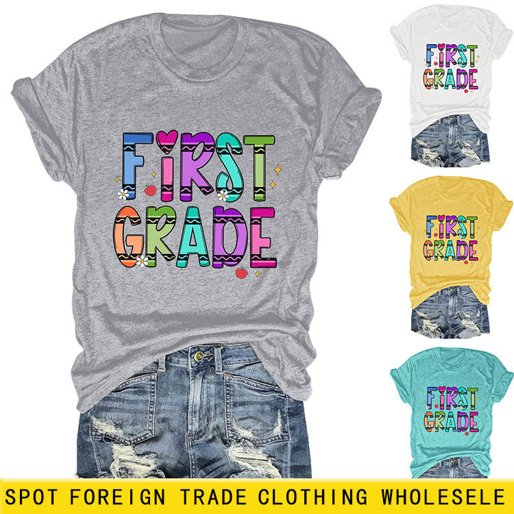 First grade floral fun casual round-neck women's T-shirt, Amazon cross-border foreign trade, versatile summer style First grade floral fun casual round-neck women's T-shirt, Amazon cross-border foreign trade, versatile summer style