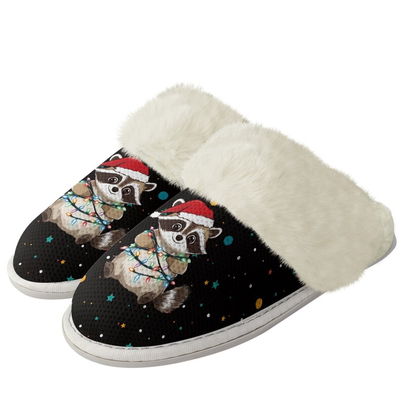 International Station New Winter Tpr Bottom Cotton Slippers Cute Christmas Raccoon Pattern with Raw Edges Indoor Slippers Can Be Shipped on Behalf of