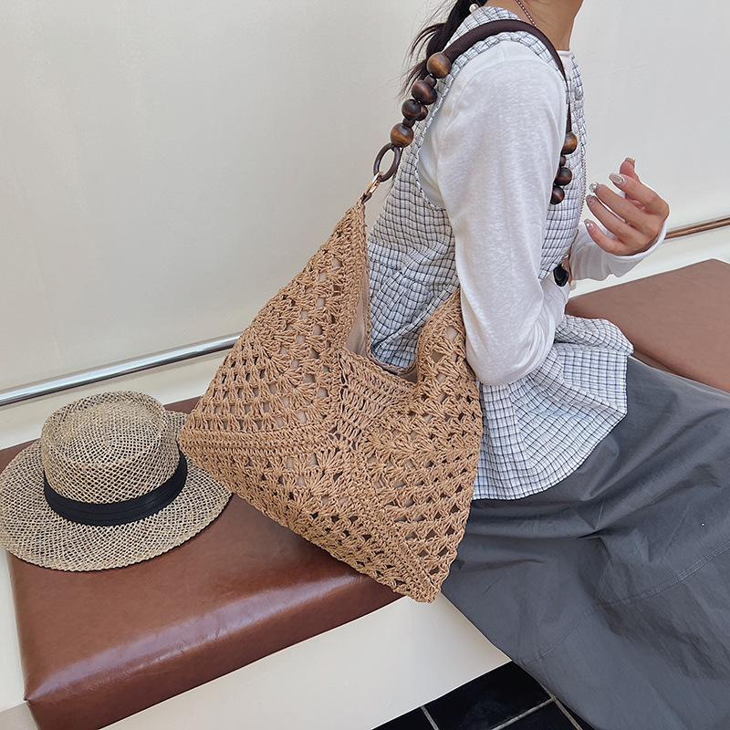 Customized Straw Woven Bag for Women 2025 New Style Seaside Vacation Beach Hollow-Out Single-Shoulder Tote Bag Woven Basket Bag