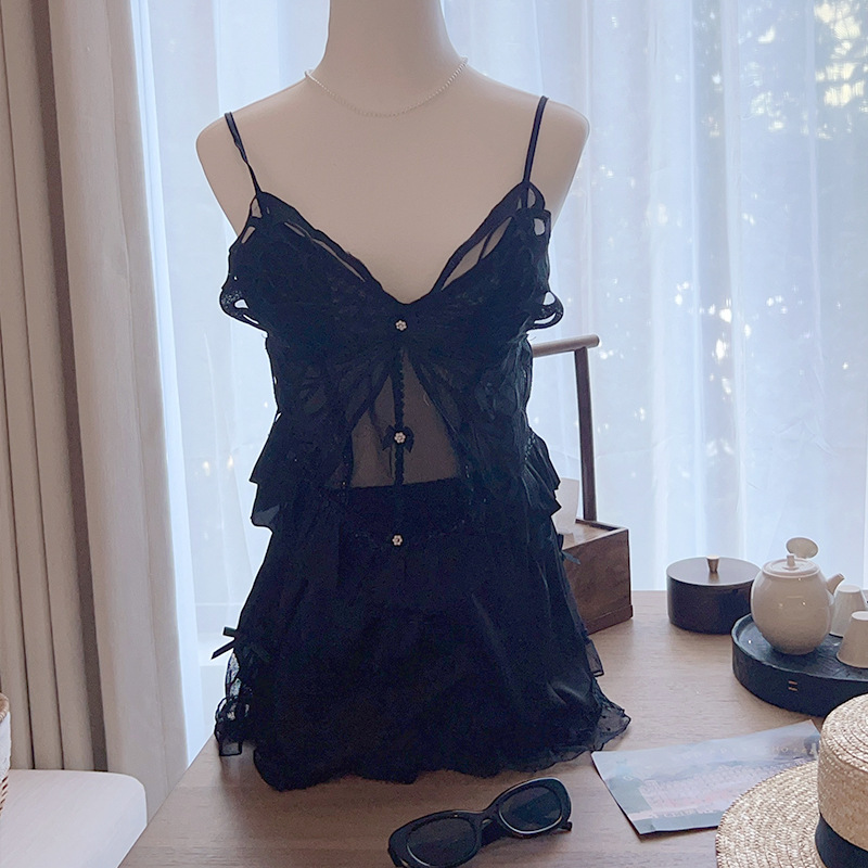 2026 Spring New Butterfly Ice Silk Strap Nightgown with Back Opening, Seductive and Sexy Pure Desire Sleepwear Women's Set Ice Silk