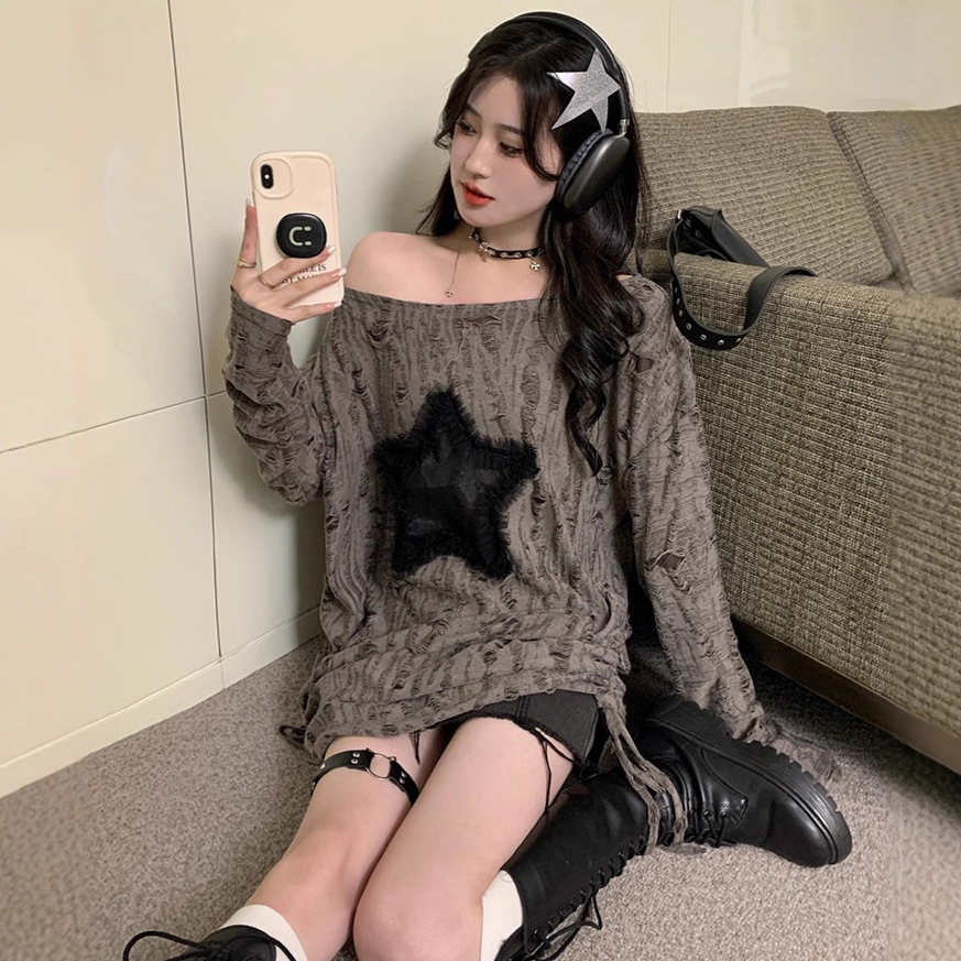 Trendy Casual Ripped Off-Shoulder Long-Sleeve T-Shirt for Women, Autumn Star Design, Loose Drawstring Mid-Length Top