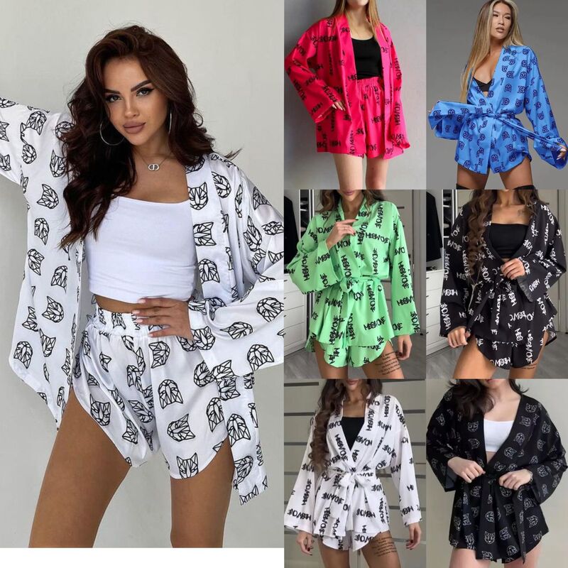 2025 European and American Cross-Border New Loose Long-Sleeved Women's Printed Casual Work Clothing Lace-Up Pajamas High-Waisted Shorts Suit 2025 European and American Cross-Border New Loose Long-Sleeved Women's Printed Casual Work Clothing Lace-Up Pajamas High-Waisted Shorts Suit