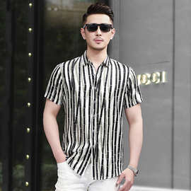 夏季桑蚕丝男士衬衫薄款真丝绸缎中年商务休闲条纹透气高端衬衣潮