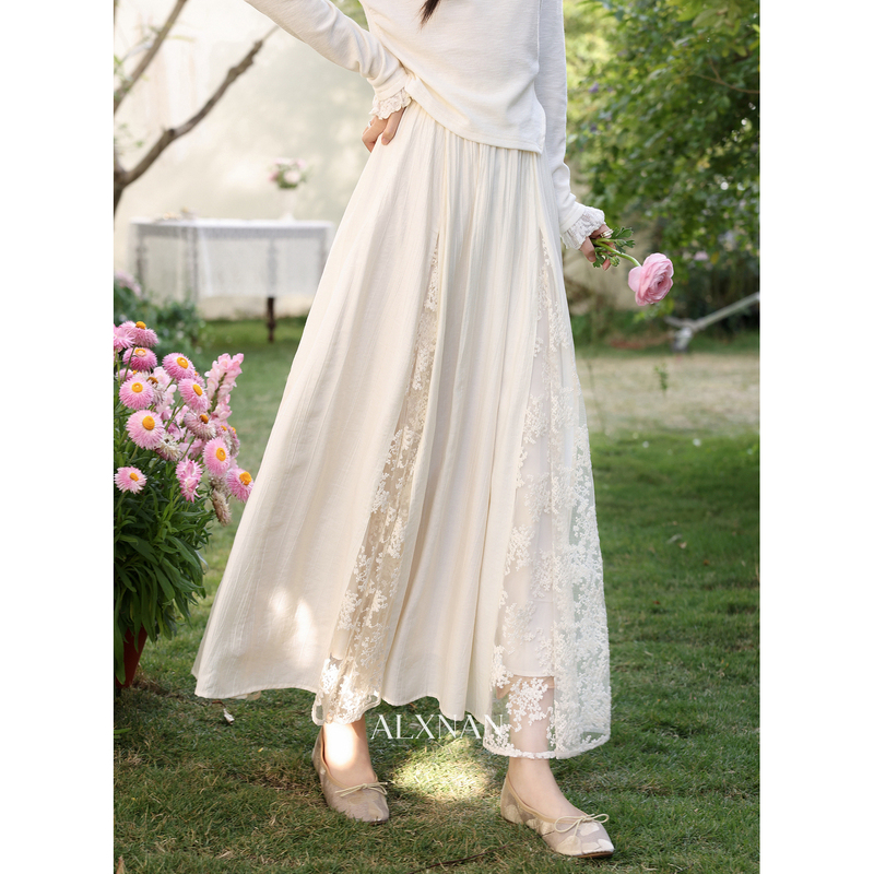 Lu Xiangnan's "Soft Breeze Fluttering" French-Style Gentle White Apricot A-Line Skirt for Women, Spring Lace Long Gauze Skirt Lu Xiangnan's "Soft Breeze Fluttering" French-Style Gentle White Apricot A-Line Skirt for Women, Spring Lace Long Gauze Skirt