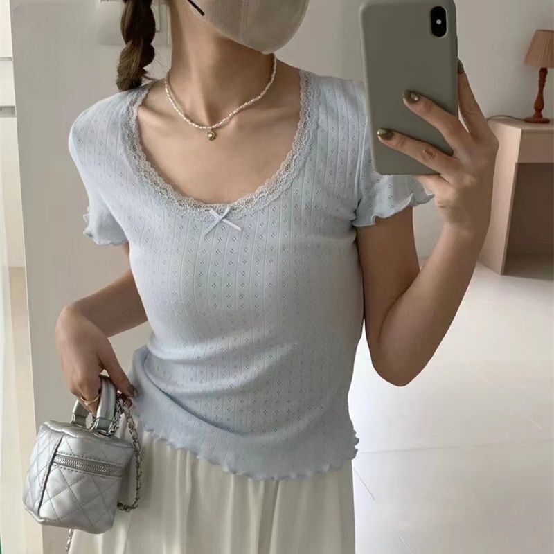 ホワイトピュアデザイアスイートレーススリムタイトボトムレディースサマーショルダーショートインナー半袖Tシャツトップ|undefined