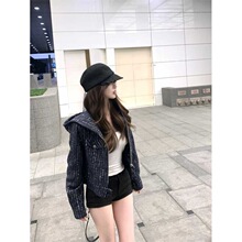 实拍~    安妮霍尔 不一样的小香蓝色连帽轻奢感夹克外套女