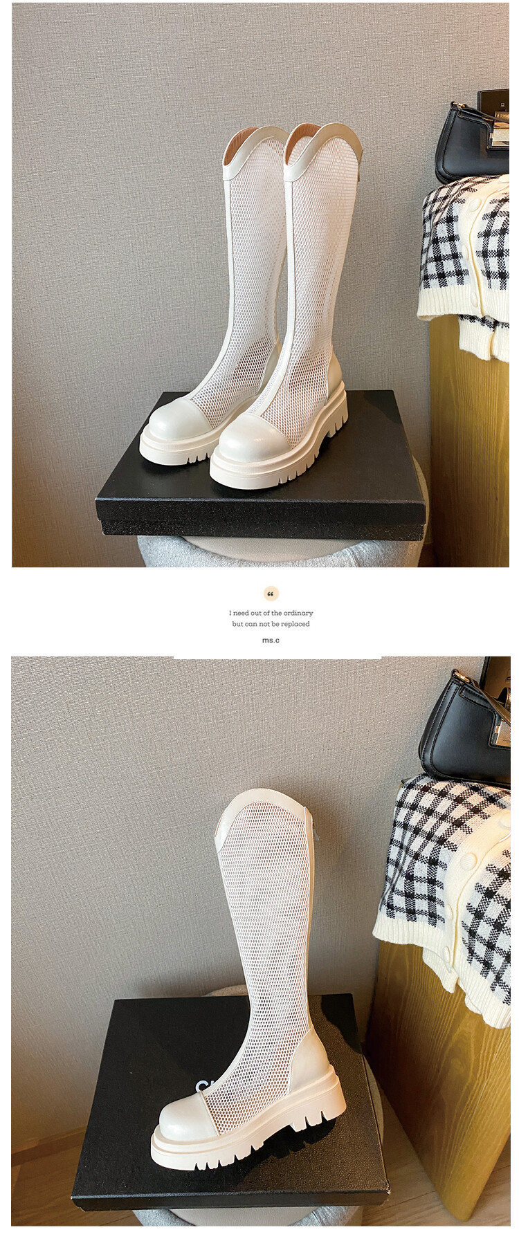 Boot nữ da lưới thoáng khí mùa hè, đế dày rỗng, ống rộng cho chân to — Màu nâu ống lớn, Màu đen cổ ống lớn, Ống nhỏ màu đen, Ống nhỏ màu be chi tiết 59
