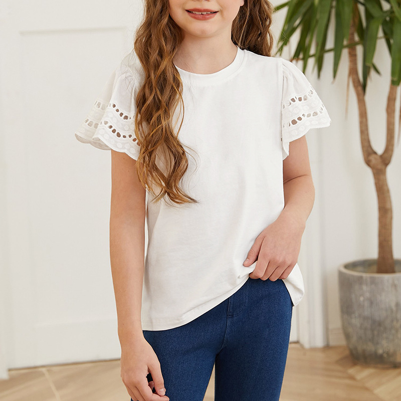 Shiying Summer New Girls' Tops European and American Lace Crochet Cut Out Ruffled Short-Sleeved Kidsren's T-Shirts