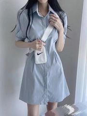 ブルーポロカラーシャツドレス女性のための 2025 夏フレンチスカートウエスト痩身 A ライン半袖スカート