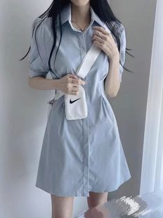 Blue Polo Collar Shirt Dress for Women 2025 Summer French Short Skirt Waist Slimming Look A-Line Short-Sleeved Skirt
