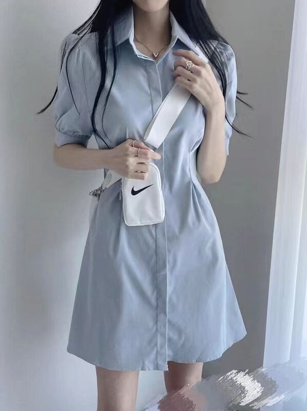 Blue Polo Collar Shirt Dress for Women 2025 Summer French Short Skirt Waist Slimming Look A-Line Short-Sleeved Skirt