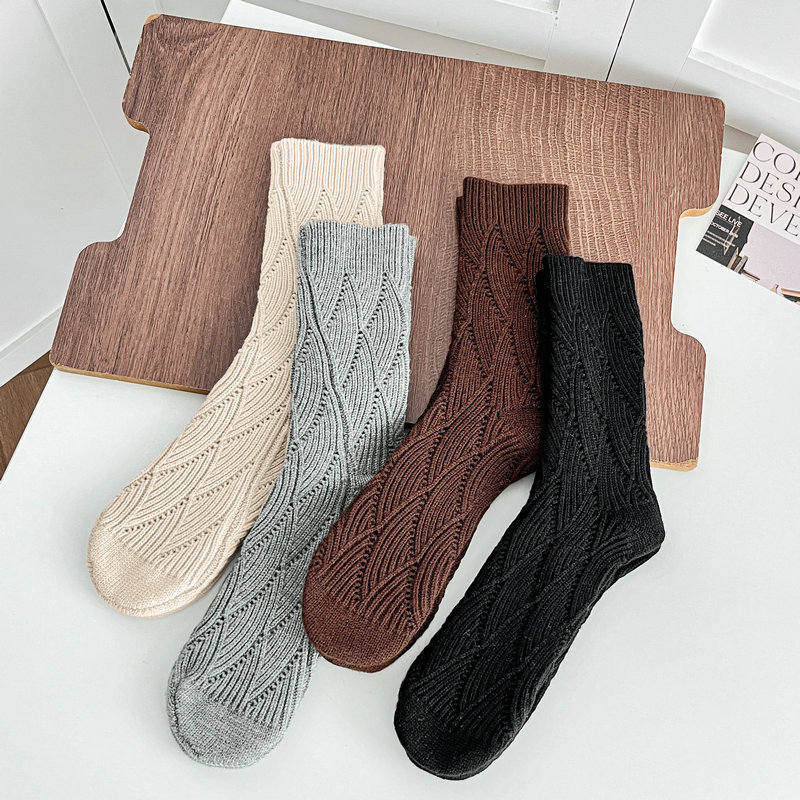 Autumn and Winter New Fish Scale Pattern Mid-Calf Socks Hollow Knit Heavy-Duty Warm Slouch Socks Melad Ins Style Socks