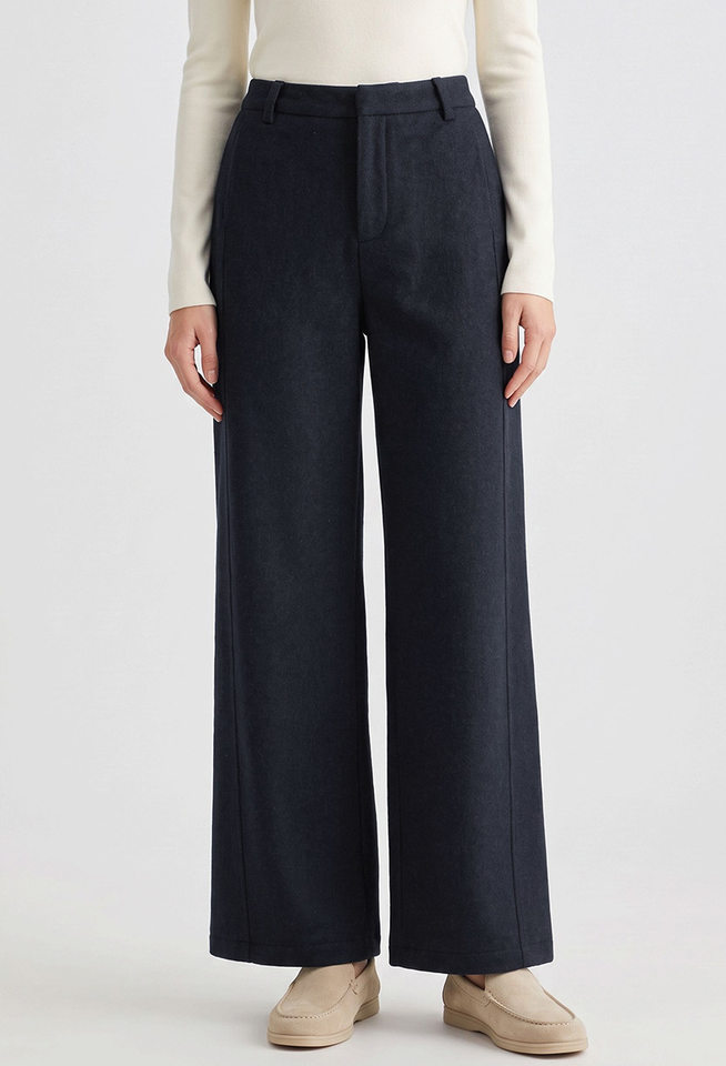 Quần ống rộng lưng cao dáng suông chất len cashmere phối len cừu — Xanh navy chi tiết 1