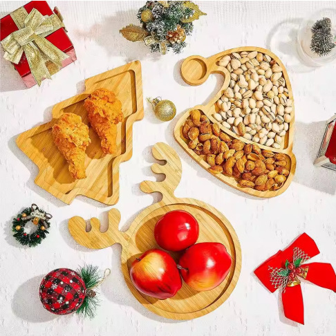 Bamboo Wooden Christmas Tableware Dried Fruit Snacks Multi-Grids Wooden Plate Household Fruit Plate Restaurant Fast Food Plate