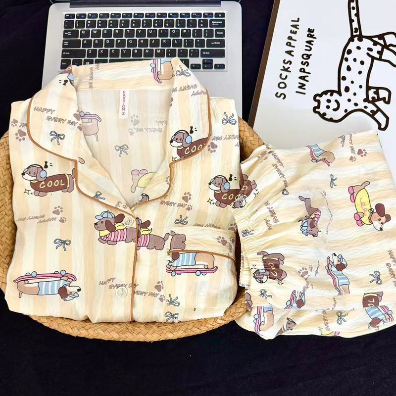 日系格子helloKitty睡衣女款春秋夏季纯棉长袖可爱开衫棉纱家居服|undefined