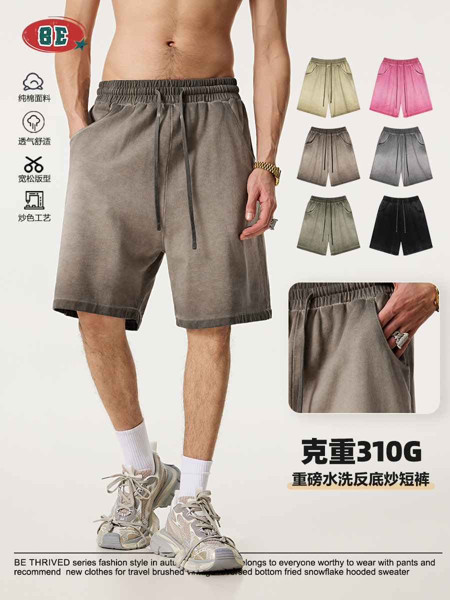 BE ropa de hombre | 2025 verano pantalones deportivos casuales con cordón pesado marca de moda retro pantalones de cinco puntos fritos de fondo inverso pantalones cortos hombres