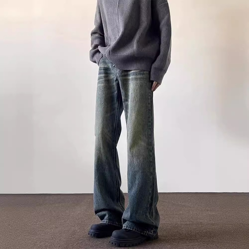 High Street Washed Old Jeans, Men's American Cleanfit Micro Ragged Pants, Trendy Brand Straight Slender and Long Pants_voghion.com