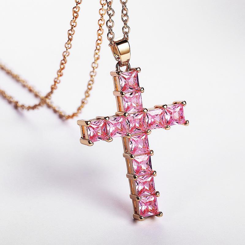 Fashion Cross Copper Inlay Zircon Pendant Necklace