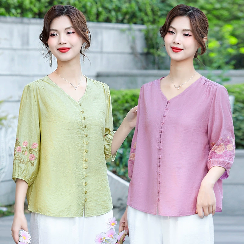 Летние топы в китайском стиле ретро 2025 года, женские рубашки в этническом стиле с вышивкой, больших размеров, с V-образным вырезом, тонкие, три четверти рукава