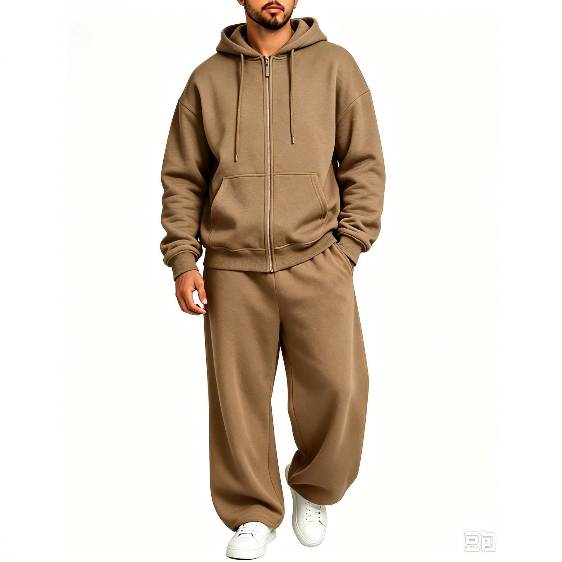 220g fleece-lined wide-leg pants, zip-up hoodie, two-piece set, men's winter sports and casual loose-fit suit