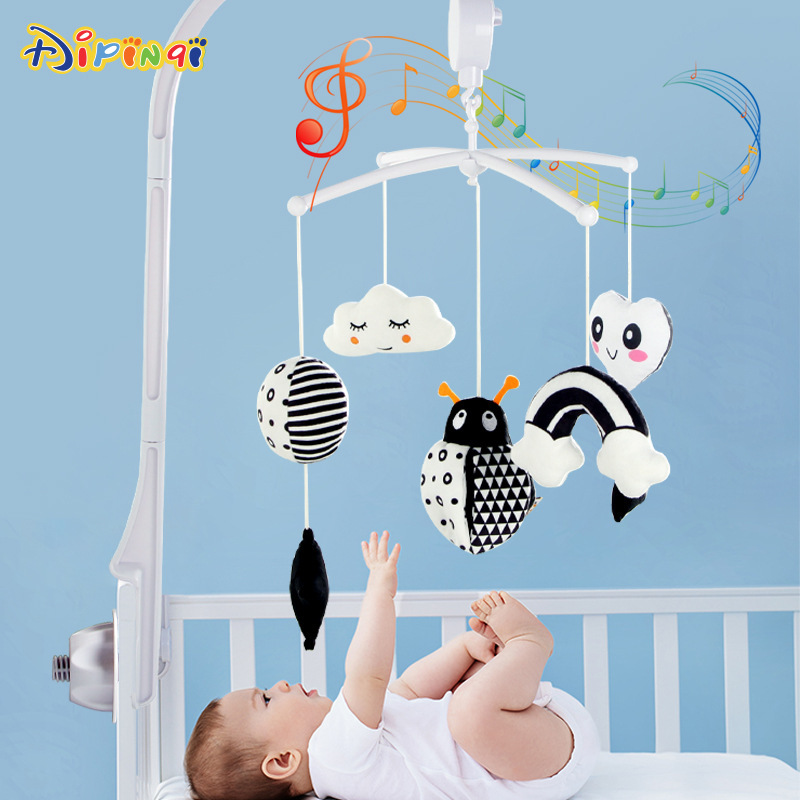 Newborn Baby Soothing Toy Black and White Bed Rattles Animal Style with Stand Eight-Note Music Bed Rattles