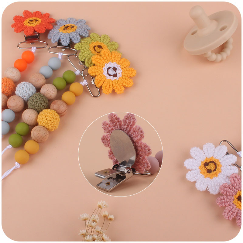 Nuevo bebé suministros de ganchillo girasol chupete clip bebé de silicona Beech cadena chupete cadena anti-caída Amazon