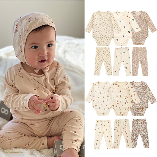 European and American infants and young children cotton long-sleeved crawl clothes wholesale cartoon cute thin air-conditioned clothes for male and female babies two-piece set