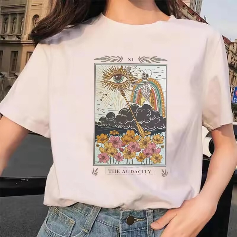 Tarot Card Graphic Print T-Shirt, Fashionable Casual Crew Neck Short Sleeve Plus Size T-Shirt for Women, Cotton