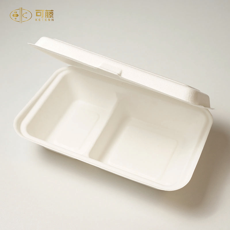 一次性可降解甘蔗浆餐盒 10寸双格分格连体带盖外卖打包盒 炒饭