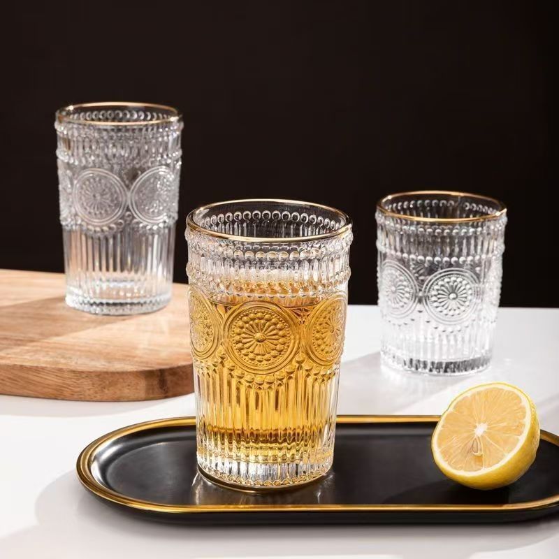 Taza de cristal de flores de sol retro red taza de agua en relieve de alto valor de la cara taza de café taza de leche de avena con mango taza de agua