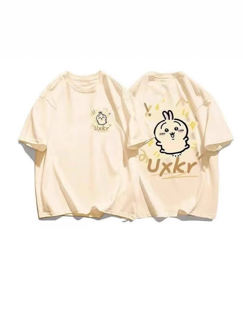 日本の漫画風落書きチイカワプリント半袖Tシャツ、男女兼用、夏用カップル半袖トップス、カジュアルで多用途