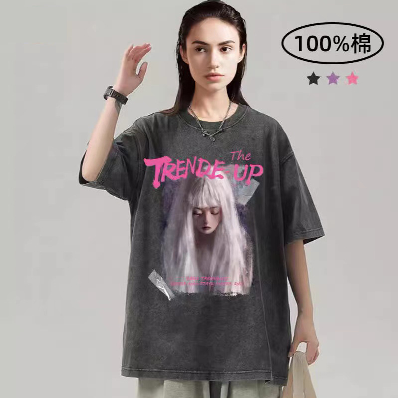 Comercio exterior hacer vieja camiseta de manga corta hombre verano cuello redondo suelto oversize vintage marca de moda chaqueta vintage marca de moda