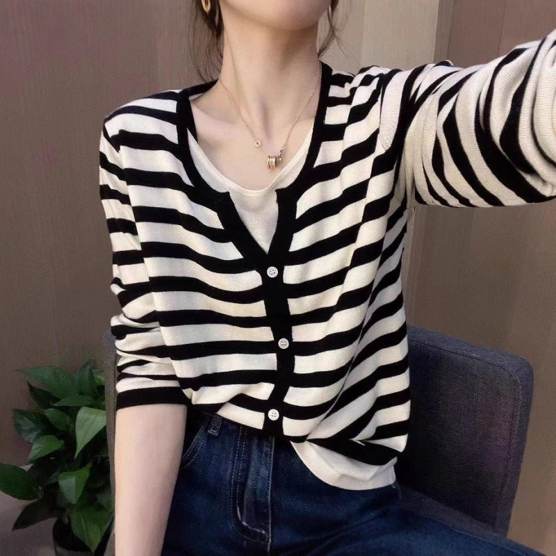 春秋新款轻薄精纺细羊毛开衫女假两件圆领超薄防晒针织衫外搭上衣|undefined