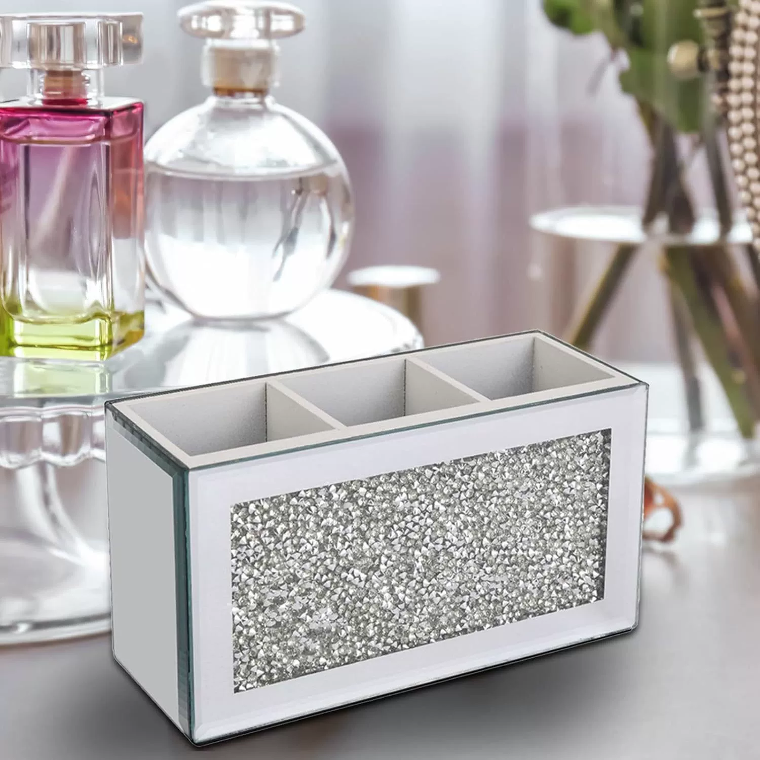 Заводская прямая продажа алмазного зеркала, трехсекционного стеклянного органайзера для ювелирных украшений, стеклянного органайзера для косметики, хранения кистей для макияжа