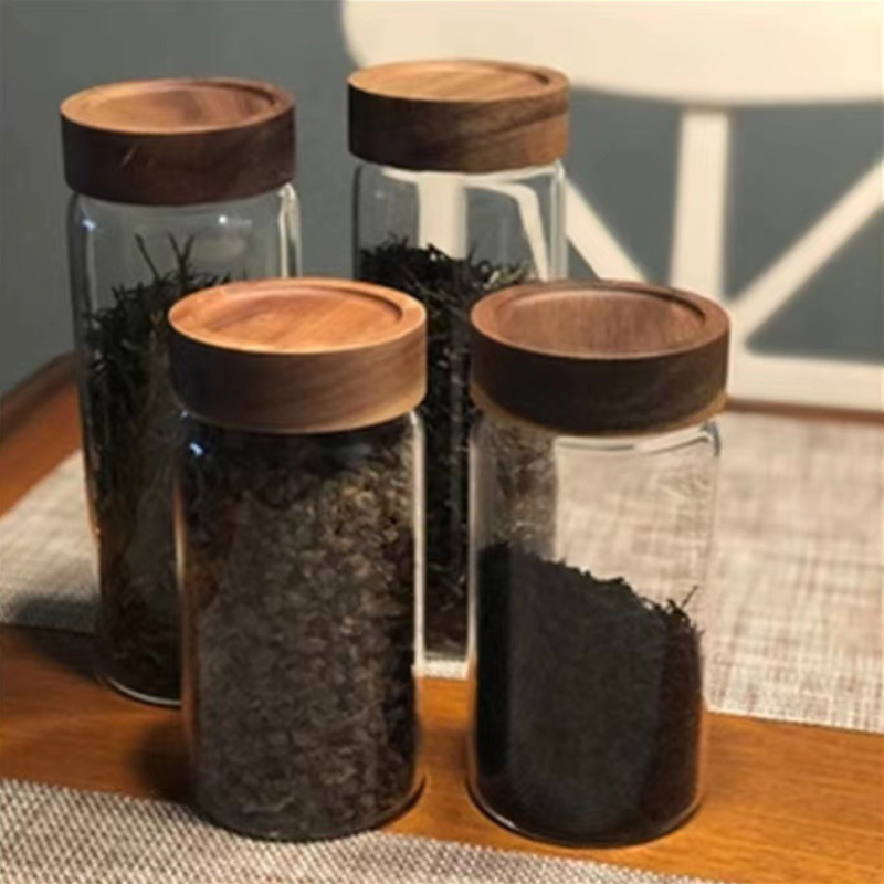 Tanque de almacenamiento de vidrio de borosilicato boca de hilo de madera de acacia tanque sellado de almacenamiento de granos de café té creativo al por mayor
