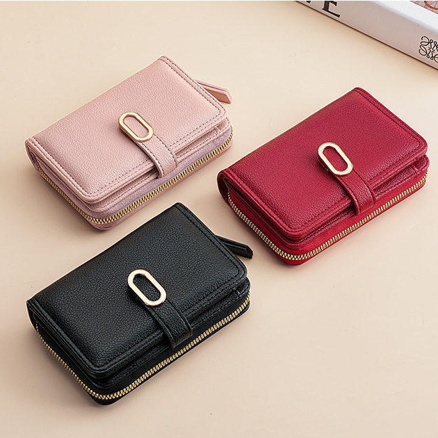Monedero simple para damas corto y compacto multi-tarjeta bolso de tarjetas plegables 2 en 1 bolso de cambio de lichi patrón billetera estudiantil