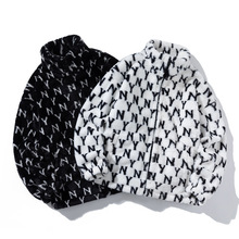 秋冬潮流休闲商务新款英泰迪满印logo羊羔毛棉服拼色立领夹克外套