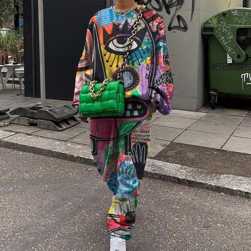Conjunto de Sudadera Informal con Cuello Redondo y Estampado Holgado para Mujer, Estilo Europeo y Americano, Novedad de Comercio Exterior Transfronterizo para Otoño 2025