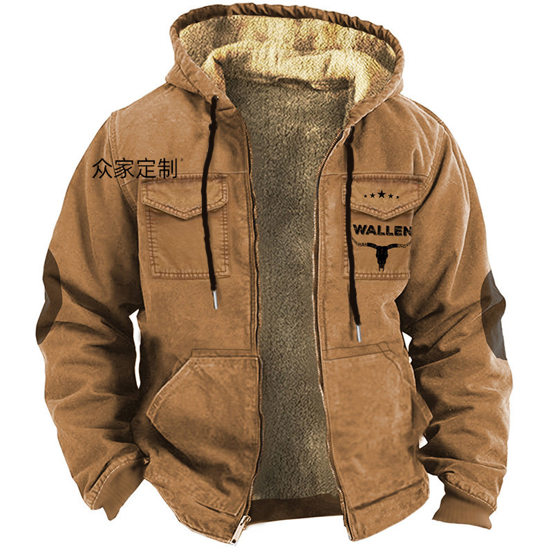 2024 European and American Cross-Border Western Denim 3D Printed Digital Printing Hooded Sweatshirt Brown Lining Flap Pocket Pants Cotton Jacket 2024 European and American Cross-Border Western Denim 3D Printed Digital Printing Hooded Sweatshirt Brown Lining Flap Pocket Pants Cotton Jacket