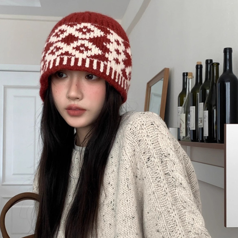 复古菱形格子毛线帽子女秋冬季小众设计感针织帽保暖防寒包头冷帽|undefined