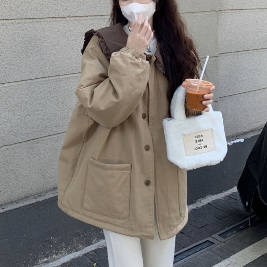 大码女装2025冬季新款胖mm韩版木耳边娃娃领拼接宽松棉衣棉服外套