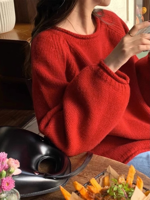 枚红色毛衣春秋玫粉色针织罩衫中长款法式内搭慵懒风上衣女秋冬厚|undefined