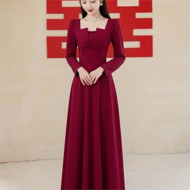 Red Toast Dress for the Bride, Autumn and Winter Long-Sleeved Engagement Dress, Casual Dress for the Day of the Wedding, Homecoming Dress, Thank You Banquet Dress Red Toast Dress for the Bride, Autumn and Winter Long-Sleeved Engagement Dress, Casual Dress for the Day of the Wedding, Homecoming Dress, Thank You Banquet Dress