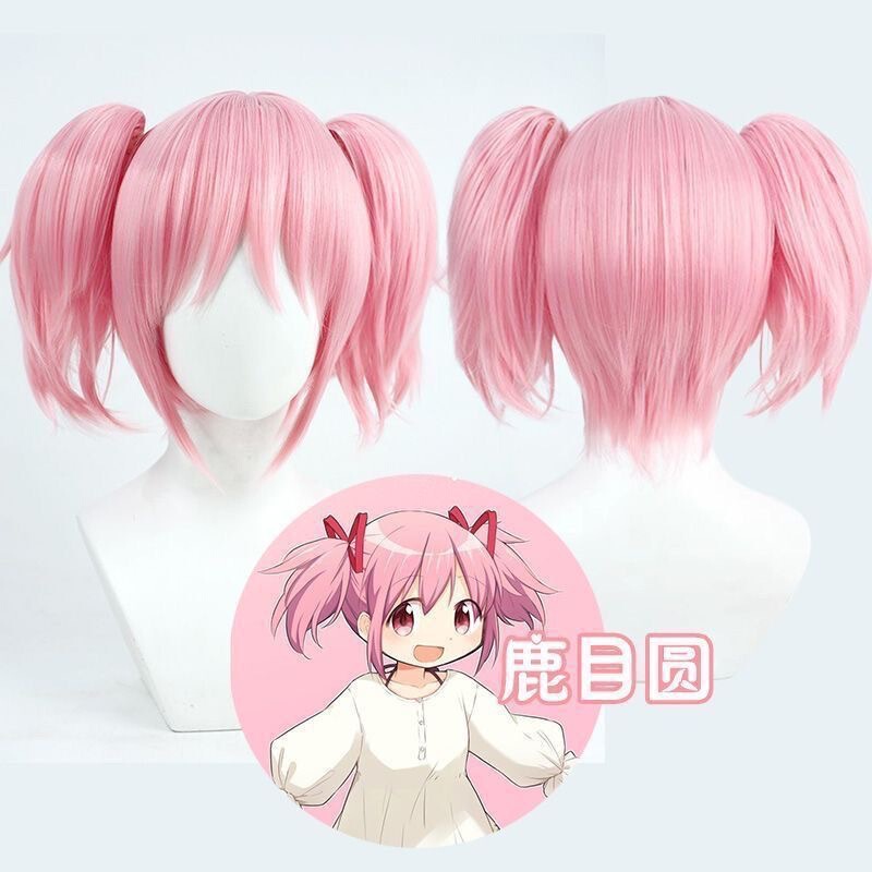 Magical Girl Madoka Kaname Cosplay Wig Pink Double Ponytail Hair Clip Anime Wig