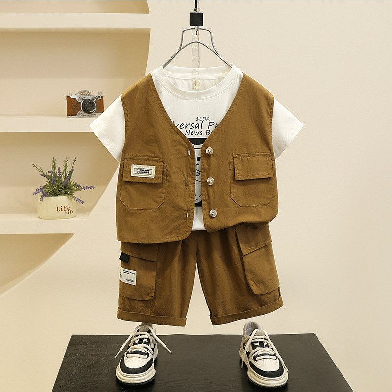 7117 traje de camisa para niños 2025 verano nuevo estilo de moda bebé camisa de manga corta verano para niños traje de tres piezas de moda