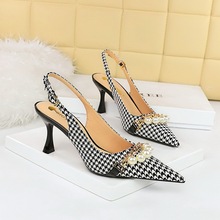 3716-3 Korean version high heeled women's shoes with checkered fabric surface, shallow cut pointed hollow back strap, pearl metal chain, single shoe