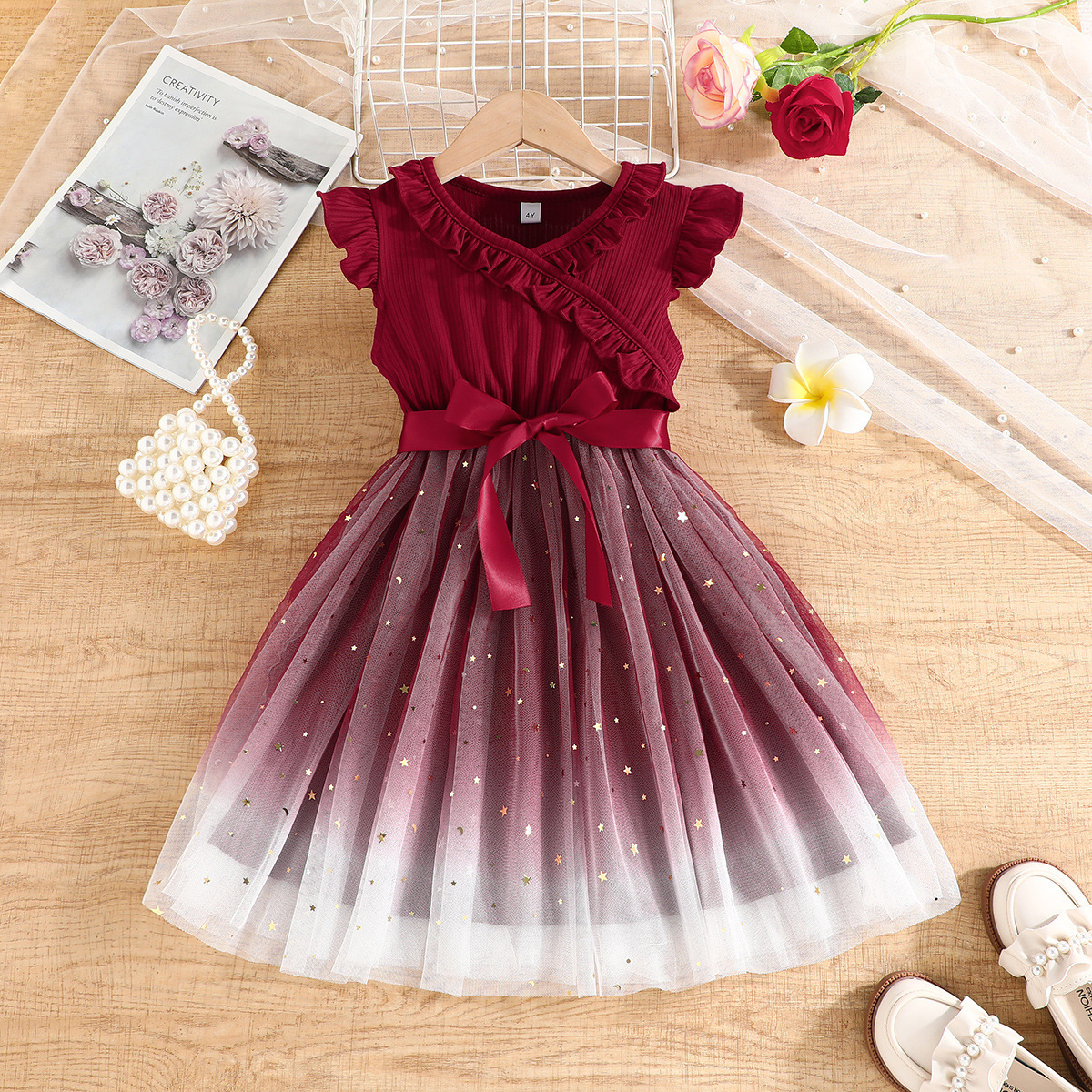 2025 European and American Cross-Border Summer Girls New Wine Red Ruffled Flying Sleeves Fashion Dress Ribbon Belt Skirt